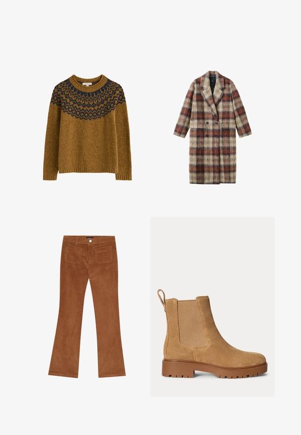 Manteau à double boutonnage à carreaux dans des tons beige, brun et bleu, avec une texture douce et duveteuse et des revers crantés, doté de deux poches avant.; Pull en tricot marron doré avec une encolure en motif bleu marine. Il dispose d'un col rond et de manches longues, fabriqué dans un matériau texturé.; Pantalons en velours côtelé marron évasés avec une texture côtelée, fermeture à bouton à l'avant et deux poches arrière.; Bottine Chelsea en daim beige avec panneaux latéraux élastiques, languette à l'arrière et semelle épaisse en caoutchouc marron à crampons.
