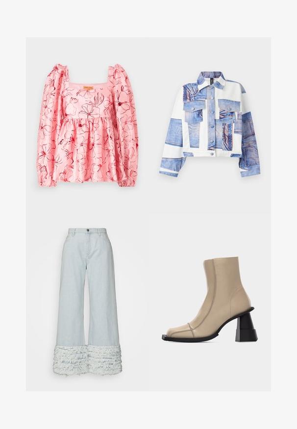 Lyhyttakki, jossa on denimmallinen design, viisi taskua, napituskirjaus ja kontrastivalkoiset kangaspaneelit. Siniset sävyt hallitsevat.; Vaaleanpunainen paita, jossa on puffhihoja, neliönmuotoinen pääntie ja punainen kukkakuosi. Valmistettu teksturoidusta kankaasta, jossa on kerrottu vyötärö.; DL1961 ZOIE WIDE LEG RELAXED VINTAGE - Flared-farkut - light-blue denim; Beige nahkainen nilkkasaapas, jossa on neliömäinen kärki, näkyvät ompeleet ja massiivinen musta veistoksellinen blokki-korko valkoisella taustalla.