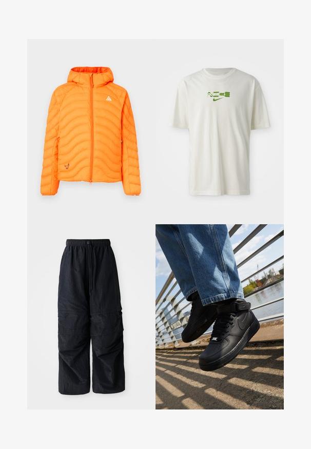 Chaqueta acolchada de color naranja brillante con capucha, que presenta un texturizado acolchado, cierre de cremallera completo y un pequeño triángulo con logo en el pecho.; Camiseta de algodón blanca con un estampado gráfico verde que incluye la palabra "NIKE" y su logotipo. Manga corta y cuello redondo. Textura suave.; Pantalones cargo negros de nylon ligero con cinturilla elástica, cordón ajustable y múltiples bolsillos en capas en las piernas.; Zapatillas Nike Air Force 1 negras con parte superior de cuero, lengua de malla y suela de goma, que presentan un diseño de caña alta y cordones gruesos.