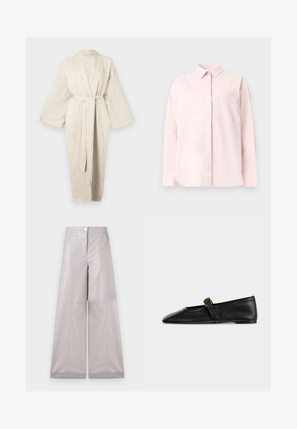 Robe beige avec un motif en losange, en tissu doux. Elle présente une ceinture, des manches larges et une longueur longue pour un ajustement décontracté.; Chemise rose pâle à manches longues avec col pointu et poche poitrine, présentée sur un fond clair uni.; Pantalons large en simili cuir gris clair, avec une fermeture à bouton sur le devant, deux poches latérales et des coutures pour plus de texture.; Chaussure plate Mary Jane en cuir noir à bout pointu avec une fine bride munie d'une petite boucle dorée, présentée de côté sur un fond uni.