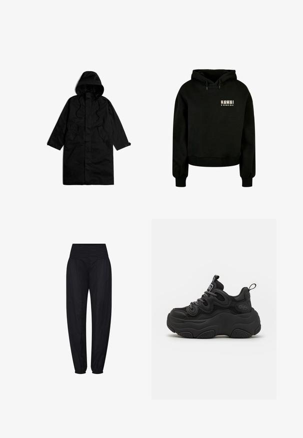 Long imperméable noir à capuche, avec poches avant, cordons et poignets boutonnés, étalé à plat sur un fond blanc.; Haut à capuche court noir en coton doux. Comprend une capuche avec cordon de serrage et des poignets côtelés. Le design avant inclut le texte : "HAWAI E KOMO MAI."; Pantalon noir taille haute avec ceinture smockée et poignets élastiques froncés, coupe ample aux hanches et jambes fuselées.; Baskets noires au design chunky, avec une tige texturée, des panneaux en maille et une semelle en caoutchouc épaisse. Lacets réfléchissants et détails de marque visibles.