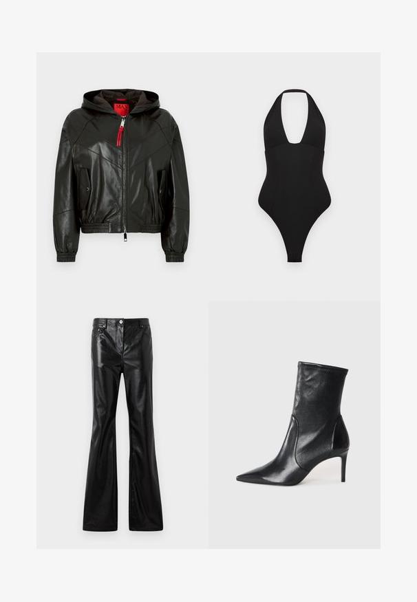 Schwarze Lederjacke mit Kapuze, Frontreißverschluss, rotem Reißverschlusszug, elastischen Bündchen und Saum sowie zwei Klappentaschen mit Druckknöpfen.; Schwarzer Einteiler mit Neckholder-Design. Er hat einen tiefen V-Ausschnitt, eine glatte Textur und hochgeschnittene Beinöffnungen.; Rabanne Loose Jeans - black; Schwarze Stiefeletten aus glattem Leder, mit einer spitzen Zehe, schmalem Schaft und schlanker, hoher Ferse. Minimalistisches Design ohne sichtbare Beschläge.