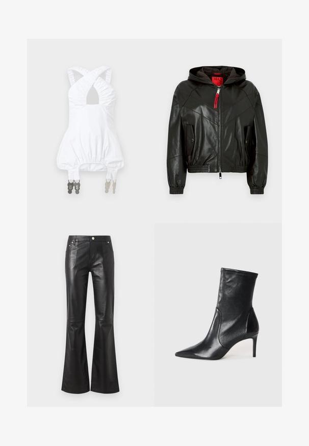 Veste à capuche en cuir noir avec fermeture éclair à l'avant, tirette de fermeture éclair rouge, poignets et ourlet élastiques, et deux poches à rabat avec boutons-pression.; Haut blanc sans manches avec bretelles froncées croisées sur la poitrine, taille bouffante, et attaches métalliques réglables suspendues à l'ourlet.; Pantalon taille haute en simili cuir noir avec jambes évasées, fermeture devant par bouton et fermeture éclair, poches devant et derrière.; Bottes noires à la cheville en cuir lisse, dotées d'un bout pointu, d'un tige ajustée et d'un talon haut fin. Design minimaliste sans quincaillerie visible.