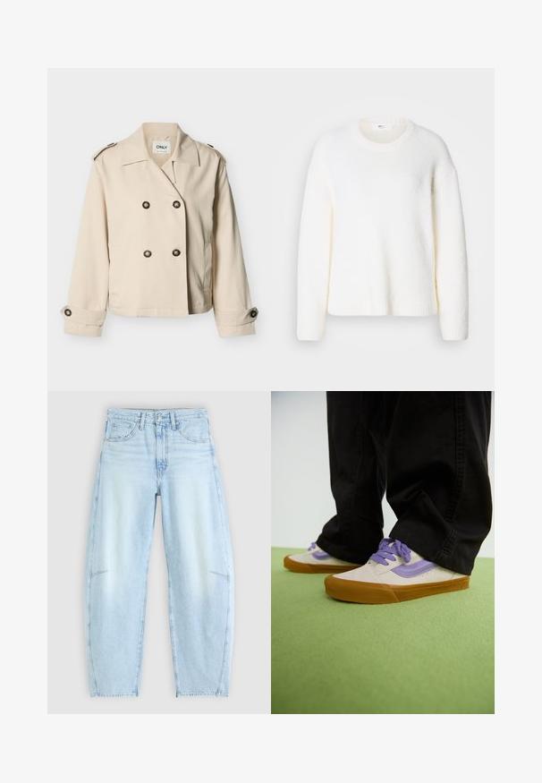 Beige cropped dobbeltradet jakke med bred krave, skulderklaffer, knappede manchetter og sidelommer fra mærket ONLY.; Hvid, blød sweater med rund hals, sænkede skuldre og ribbede ærmer og kant. Enkel, udekoreret design.; Lyseblå denimjeans med en afslappet pasform, der har høj talje, fem-lommers design og subtilt slid med frynset kant.; Lyse beige sneakers med lilla accenter, gummisål og flade snørebånd. Båret med sorte bukser, vist på en grøn struktureret overflade.