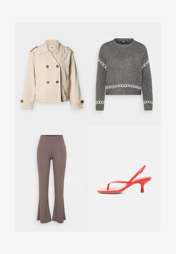Beige gekürzte zweireihige Jacke mit weitem Kragen, Schulterklappen, geknöpften Manschetten und seitlichen Taschen von der Marke ONLY.; Grauer Strickpullover mit Rundhalsausschnitt, der weiße Kreuzstichakzente an den Ärmeln und dem Saum aufweist. Weicher Textur, cropped Design.; Braune gerippte Schlaghosen mit einem hohen, dehnbaren Bund und einer weichen Textur, die ein dezentes vertikales Muster aufweisen.; Roter Riemchen-Sandalette mit dünnem Fersenriemen und Schnalle, quadratischer Zehenpartie und niedrigem Kittenheel auf weißem Hintergrund.