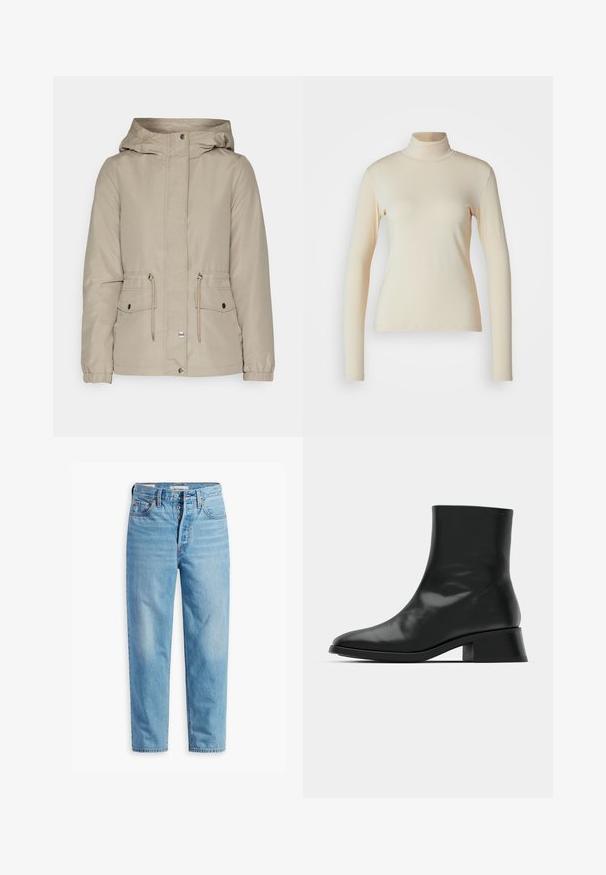 Beige hættejakke med lynlås foran, snoretræk i taljen og to forlomme. Har elastiske manchetter og en glat, vandafvisende tekstur.; Cremefarvet langærmet turtleneck top lavet af glat, strækbart stof; tætsiddende design med høj hals og ingen synlige mønstre eller detaljer.; Lyseblå højtaljede straight-leg denimjeans med knaplukning og femlomme-design, vist fladt på en hvid baggrund.; Sort ankelstøvle lavet af blank læder, med et strømlinet design, spids tå og en moderat blokhælhøjde for stabilitet.