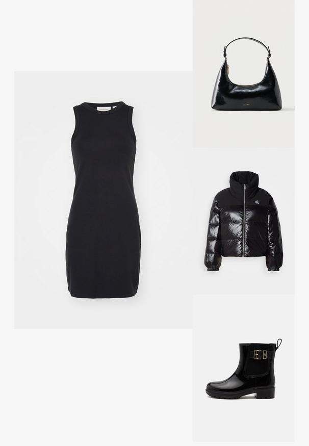 Schwarze Daunenjacke mit glänzender Oberfläche, hohem Kragen und dicker Reißverschluss. Mit gerippten Bündchen und einem Logo auf der oberen linken Seite.; Schwarzes ärmelloses Kleid aus glattem, elastischem Stoff. Es verfügt über einen runden Ausschnitt und eine figurbetonte Form, mit einem Saum, der oberhalb des Knies endet.; Schwarzer glänzender Stiefelette mit niedrigem Absatz, seitlichem Elastikeinsatz und goldener Metallschnalle an der Außenseite.; Schwarze, glänzende Calvin Klein Handtasche mit goldfarbenem Reißverschluss und kurzem Trageriemen vor schlichtem weißem Hintergrund.