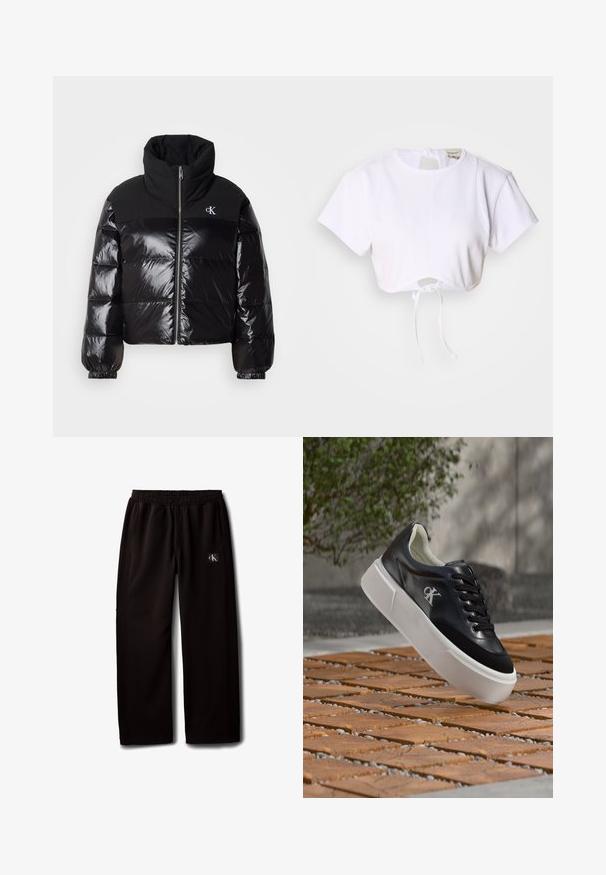 Chaqueta acolchada negra con acabado brillante, cuello alto y cremallera gruesa. Presenta puños acanalados y un logo en la parte superior izquierda.; Camiseta blanca corta hecha de una tela suave. Presenta un cuello redondo, mangas cortas y un cordón en la parte inferior para ajustar.; Pantalones negros de pierna ancha con cintura elástica y bolsillos laterales, con un pequeño parche con el logo de Calvin Klein en el muslo derecho.; Zapatilla deportiva de cuero negro con suela blanca gruesa y logo de CK, flotando sobre baldosas de madera con patrón al aire libre cerca de vegetación y una pared de hormigón.