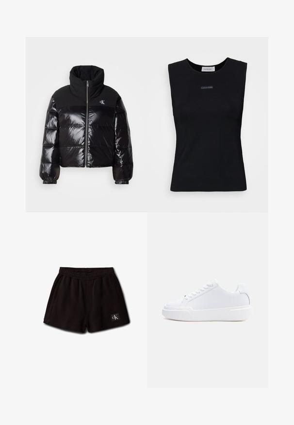 Sort pufferjakke med blank overflade, høj krave og kraftig lynlås. Har ribbede manchetter og et logo på øverste venstre side.; Sort ærmeløs top lavet af glat stof. Har en rund halsudskæring og et lille Calvin Klein-logo i midten. Simpelt og tætsiddende design.; Sorte elastiske korte shorts med sidelommer og et lille Calvin Klein-logo på den forreste nederste venstre side.; Hvid lavtop-sneaker med snørelukning, tyk sål og glat overdel, vist fra ydersiden mod en ensartet lys baggrund.
