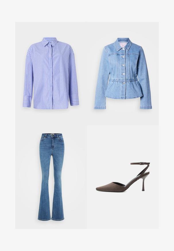 Lichtblauwe denimjas met lange mouwen, knoopsluiting, peplum taille en gestikte naden. Voorzien van een klassieke kraag en zilverkleurige metalen details.; Lichtblauwe button-up shirt met verticale strepen en stippenaccenten. Heeft een kraag, lange mouwen en een rechte snit. Zachte stof.; Lichtblauwe flare denimjeans met vijf zakken, een knoopsluiting aan de voorkant en contrasterende stiksels. De stof heeft een gladde textuur.; Bruine suède hoge hakken met spits toelopende neus, dunne enkelriem en zilveren gesp op een witte achtergrond.