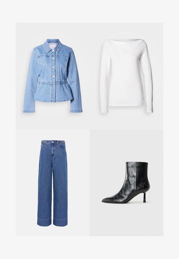 Lichtblauwe denimjas met lange mouwen, knoopsluiting, peplum taille en gestikte naden. Voorzien van een klassieke kraag en zilverkleurige metalen details.; Wit katoenen shirt met lange mouwen, een brede boothals en een aansluitende pasvorm. Gladde textuur zonder zichtbare patronen of accenten.; Blauwe denim jeans met wijde pijpen, gevlochten tailleband, knopen aan de voorkant en zakken, weergegeven op een effen achtergrond.; Zwarte leren enkelboot met een spitse neus en een dunne, korte hak. Heeft een gestructureerd oppervlak en een strak ontwerp zonder naden aan de zijkant.