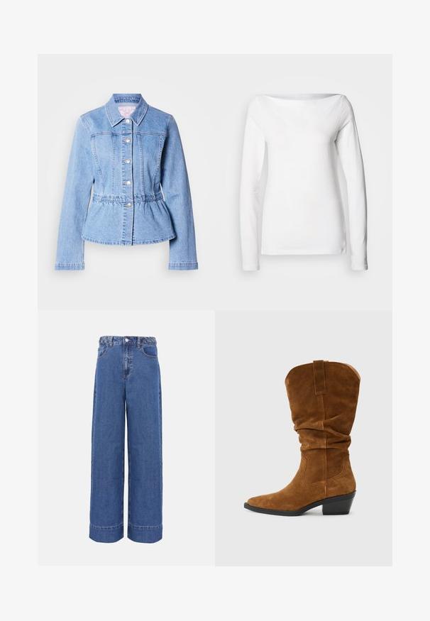 Lichtblauwe denimjas met lange mouwen, knoopsluiting, peplum taille en gestikte naden. Voorzien van een klassieke kraag en zilverkleurige metalen details.; Wit katoenen shirt met lange mouwen, een brede boothals en een aansluitende pasvorm. Gladde textuur zonder zichtbare patronen of accenten.; Blauwe denim jeans met wijde pijpen, gevlochten tailleband, knopen aan de voorkant en zakken, weergegeven op een effen achtergrond.; Bruine suède cowboylaars met een slouchy ontwerp, spitse teen en een gestapelde hak. Voorzien van stiksels en een aantrekband aan de achterkant.