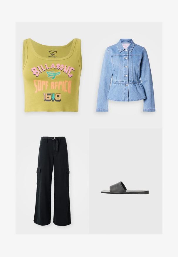 Lyseblå denimjakke med lange ærmer, knaplukning, peplum-talje og syninger. Har klassisk krave og sølvfarvede metaldetaljer.; Grøn cropped tank top med pink, orange og multicolorer "Billabong Surf Africa 1640" tekst og et lille logo i midten foran.; Sorte bredbenede cargo-bukser lavet af bomuld med et bånd, der kan bindes, og som har to sidelommer samt en glat stofstruktur.; Sorte læderslide-sandaler med en enkelt bred rem og en flad sål, der har en glat overflade og minimalistisk design.