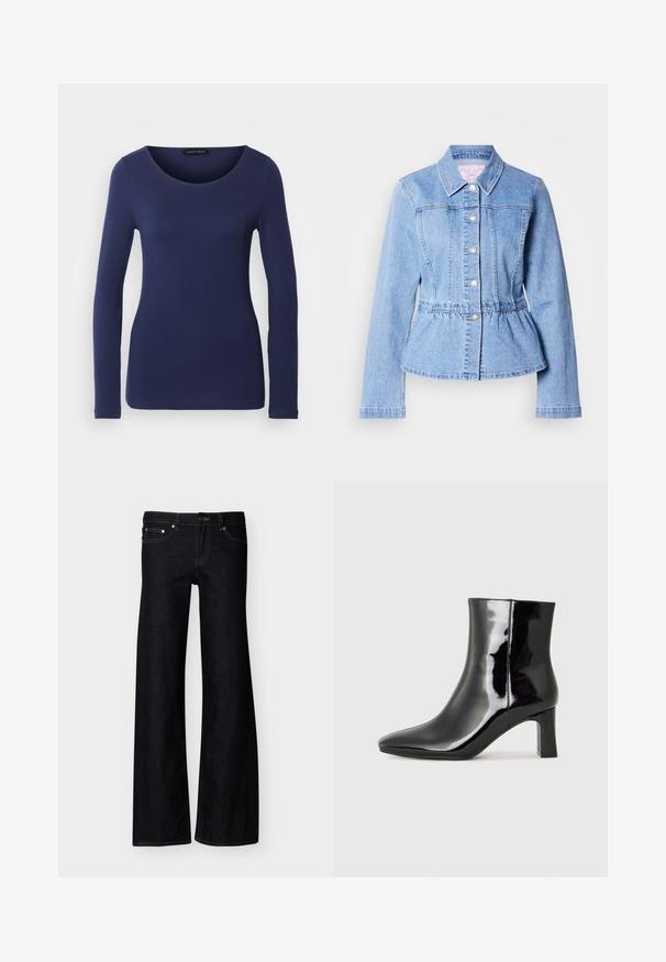 Lichtblauwe denimjas met lange mouwen, knoopsluiting, peplum taille en gestikte naden. Voorzien van een klassieke kraag en zilverkleurige metalen details.; Marineblauw langemouwen T-shirt van zacht materiaal met een ronde halslijn en een getailleerd ontwerp. Geen zichtbare patronen of accenten.; Zwarte denim jeans met brede pijpen, voorzakken, knoopsluiting en zichtbare stiksels, gepresenteerd tegen een effen witte achtergrond.; Zwarte gepolijste leren enkellaars met een spitse neus en een blokhak van gemiddelde hoogte. Glad textuur en minimalistisch ontwerp.