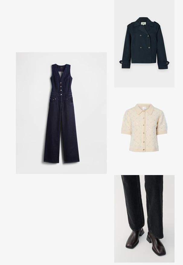 Korte marineblauwe dubbelbreasted jas met brede revers, knoopmanchetten en schouderepauletten.; Donkere blauwe denim jumpsuit met een V-hals, mouwloos ontwerp, vijf knopen aan de voorkant en brede pijpen. Voorzien van twee zijzakken.; Beige gebreid vest met korte mouwen, kraag, decoratieve pailletten en knoopsluiting aan de voorkant. Geribbelde manchetten en zoomdetail.; Bruine leren enkellaarsjes met een vierkante neus en blokhak, gecombineerd met zwarte wijde jeans. Glad textuur en minimalistisch ontwerp.
