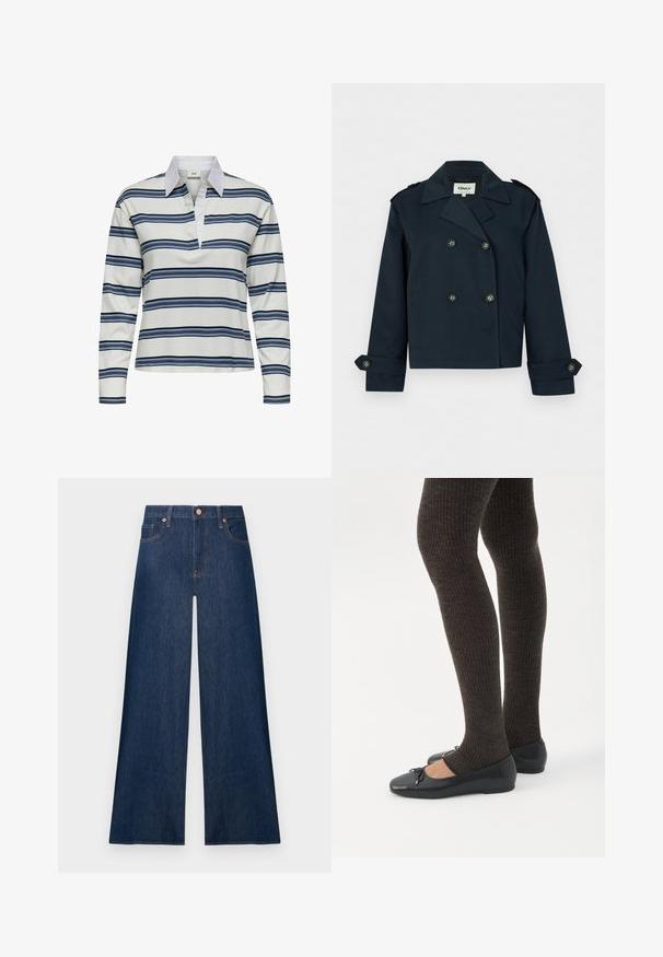 Veste courte bleu marine à double boutonnage avec larges revers, poignets boutonnés et épaulettes.; Polo à manches longues présentant une base blanche avec des rayures horizontales bleu marine et bleu clair. Col blanc distinctif et texture douce en coton.; Jean denim bleu foncé à jambes larges avec boutons avant et poches, présenté sur un fond clair uni.; Jambes portant des leggings côtelés foncés associés à des ballerines noires avec de petits détails en nœud sur fond blanc.