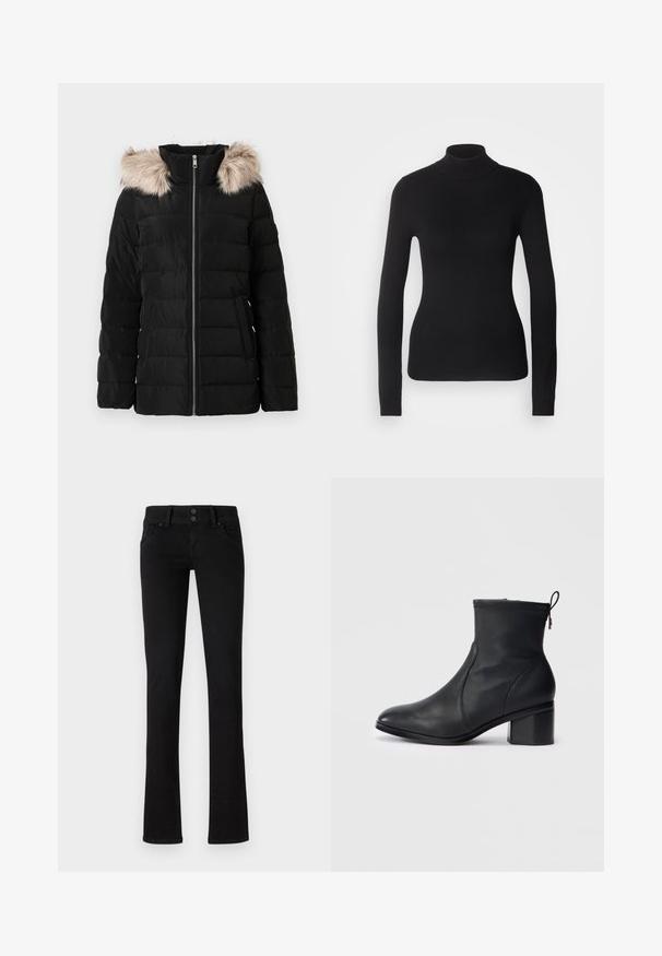 Sort pufferjakke med lynlås fortil, har et faux fur-beklædning på hætten, kviltet design og sidelommer. Tekstureret, letvægtsstof.; Sort turtleneck sweater lavet af let strikket stof. Har lange ærmer, et tætsiddende design og en blød ribbet tekstur.; Sort slim-fit jeans med to frontlommer, bæltestropper og dobbelt knaplukning, præsenteret på en ensfarvet hvid baggrund.; Sort læder ankelstøvle med et elegant design, afrundet tå, tekstureret syning øverst og en blokhæl. Har lynlås og strop til at trække i.