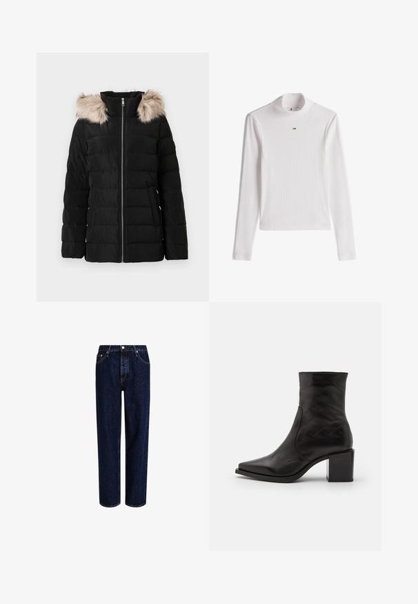 Sort pufferjakke med lynlås fortil, har et faux fur-beklædning på hætten, kviltet design og sidelommer. Tekstureret, letvægtsstof.; Hvid ribbet langærmet rullekrave med en lille Tommy Hilfiger-logo centreret under kraven.; Mørkeblå denim jeans med lige ben-design, der har høj talje, fem-lomme-stil og kontrastsyninger. Ingen dekorationer.; Sort læder ankelstøvle med firkantet tå og blokhæl. Designet har en glat overflade og minimale syninger.