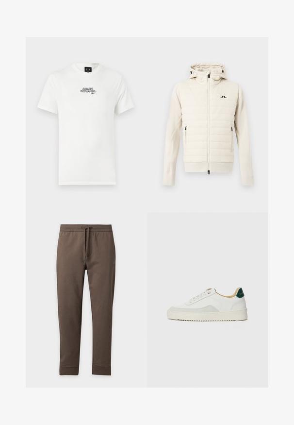 Veste matelassée couleur crème avec capuche, fermeture éclair complète à l'avant, poches latérales zippées et petit logo noir sur la poitrine.; T-shirt en coton blanc avec un logo brodé noir "ARMANI EXCHANGE N.Y." sur la poitrine. Manches courtes et encolure classique.; Pantalon de survêtement marron fuselé avec taille élastique et cordon, présenté à plat sur un fond clair.; Baskets blanches avec des accents en daim, bout arrondi, lacets plats et semelle en caoutchouc crème. Présente une marque verte sur le talon.