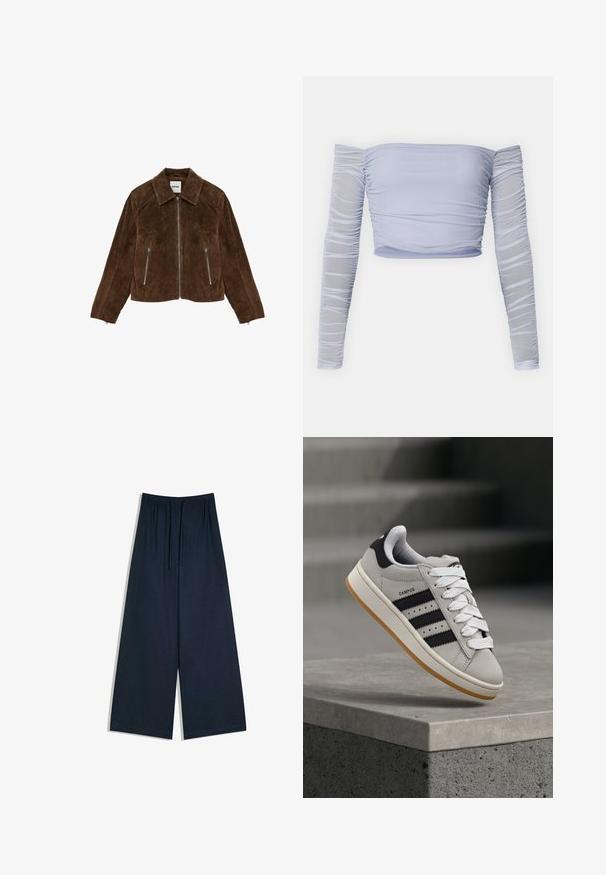 Veste en daim marron avec fermeture éclair frontale, deux poches latérales zippées et col pointu, présentée sur fond blanc.; Haut court bleu clair à épaules dénudées avec de longues manches froncées, texture douce, design ajusté et finition sans couture au niveau de l'encolure.; Pantalon large bleu marine avec taille élastique et cordon de serrage, étalé à plat sur un fond blanc.; Baskets Adidas Campus grises avec des rayures noires et des lacets blancs flottant au-dessus d'un rebord en béton avec des escaliers en arrière-plan.