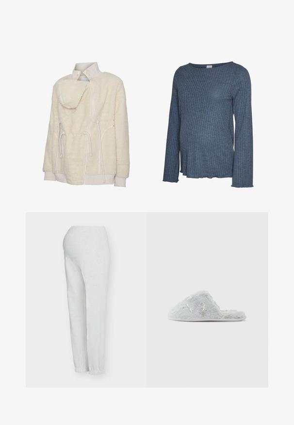 Veste en polaire sherpa couleur crème avec col montant côtelé, fermeture éclair frontale, cordons de serrage réglables, poignets et ourlet côtelés.; Haut de maternité bleu côtelé à manches longues avec col rond et poignets légèrement évasés, conçu pour s'adapter au ventre de grossesse.; Pantalon de maternité gris clair en tissu doux. Il présente une ceinture élastique, des poches latérales et des chevilles resserrées.; Chaussons gris en peluche avec un dos ouvert, présentant des motifs brodés et une texture douce, idéals pour un usage intérieur.