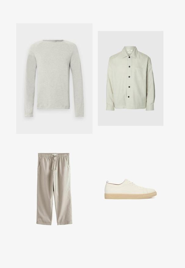 Camisa de manga larga beige claro con botones negros, cuello puntiagudo, mangas con puños y un bolsillo en el pecho en el lado izquierdo.; Camisa de manga larga gris claro con cuello redondo, tejido texturizado y mangas ranglán. Diseño simple, sin logotipos ni patrones visibles.; Pantalones beige casual con cintura elástica, cordón ajustable, bolsillos laterales, piernas rectas y cierre de botón en la parte delantera.; Zapatillas de cuero blanco con perfil bajo, punta redonda, suela plana de goma color marrón claro y diseño de seis ojales para cordones. Cuenta con una pequeña lengüeta en la parte trasera.