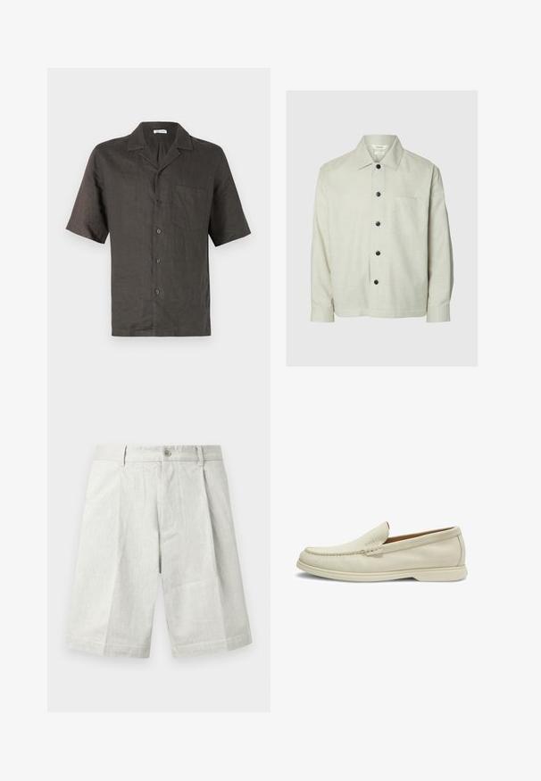 Camisa de manga larga beige claro con botones negros, cuello puntiagudo, mangas con puños y un bolsillo en el pecho en el lado izquierdo.; Camisa de manga corta, con cuello, en lino gris oscuro, que presenta un bolsillo en el pecho y cierre de botones al frente. Textura suave, corte relajado.; Shorts gris claro hechos de tela texturizada, con cierre de botón, pliegues y corte recto, adecuados para uso casual.; Mocasín beige de ante tipo slip-on con puntera mocasín cosida, suela de goma plana y discreto logotipo "BOSS" en relieve en el lateral superior.