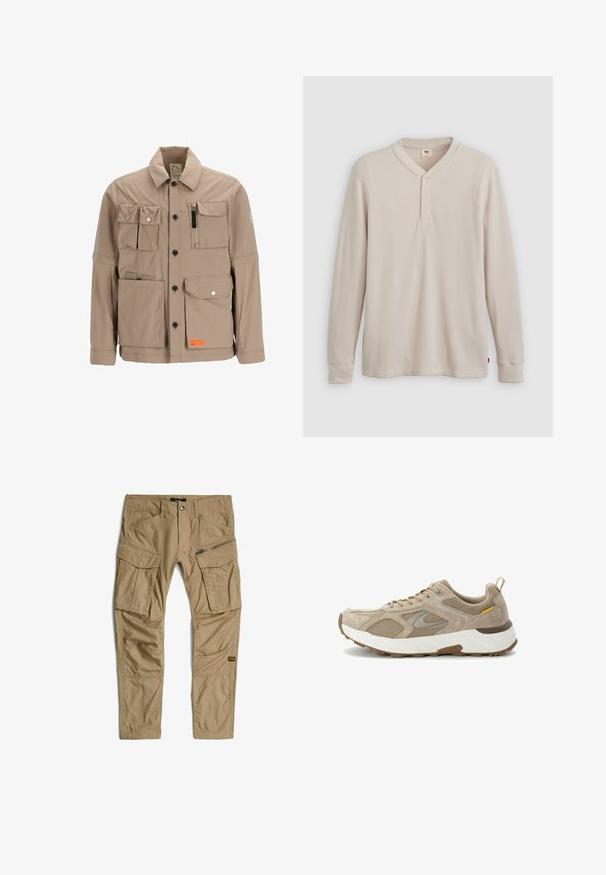 Veste utilitaire beige avec plusieurs poches, fermeture éclair et une poche zippée. Texture lisse, design structuré, avec une étiquette orange contrastante.; T-shirt henley à manches longues en tissu côtelé beige clair, avec un col en V, une patte de boutonnage à trois boutons et des manches à poignets. Étiquette logo rouge à l'ourlet.; Pantalon cargo beige avec plusieurs poches, y compris des poches à rabat et zippées, avec une fermeture avant à boutons et zip.; Baskets de course beiges présentant une combinaison de matériaux en daim et en maille, avec un col rembourré et une semelle intermédiaire blanche accompagnée d'une semelle extérieure marron texturée.