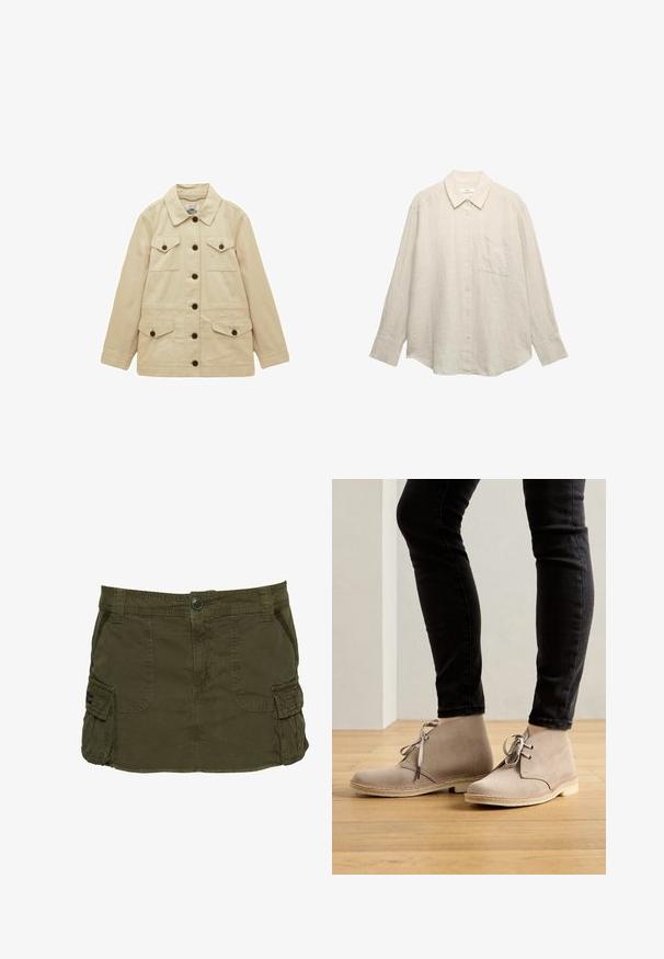 Beige langærmet jakke med seks brune knapper, to brystlommer med knappelåg og to nederste lommer med knappelåg.; Lysebeige hørskjorte med lange ærmer, knaplukning foran, spidst krave, enkelt brystlomme og en løs pasform. Subtil struktur er synlig.; Olivengrøn cargoskørt lavet af bomuldsblanding, med sidelommer, synlige sømme og knappelukning i taljen.; Beige ruskind ankelstøvler med en rund tå, snørebåndsdesign og kontrasterende syninger, båret med sorte tætsiddende bukser på et trægulv.