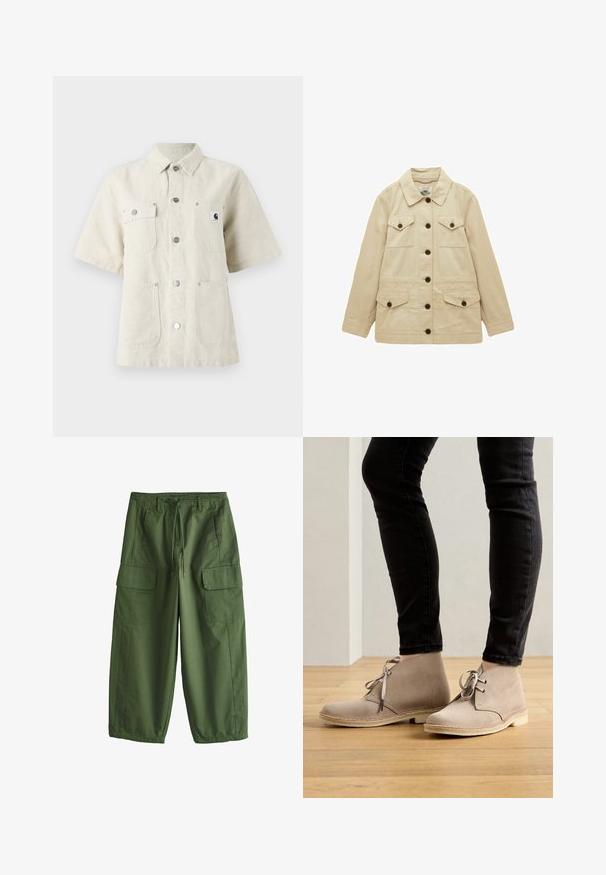 Chaqueta beige de manga larga con seis botones marrones, dos bolsillos en el pecho con solapas y botones, y dos bolsillos inferiores con solapas y botones.; Camisa de manga corta en tejido beige claro, con cuello de punta, botones en el frente, dos bolsillos en el pecho y un pequeño parche con el logo a la izquierda.; Pantalones cargo verde oliva con cintura de cordón, trabillas para cinturón, bolsillos laterales con solapa y piernas anchas.; Botas de ante beige hasta el tobillo con punta redondeada, diseño de cordones y costuras en contraste, llevadas con pantalones negros ajustados sobre un suelo de madera.