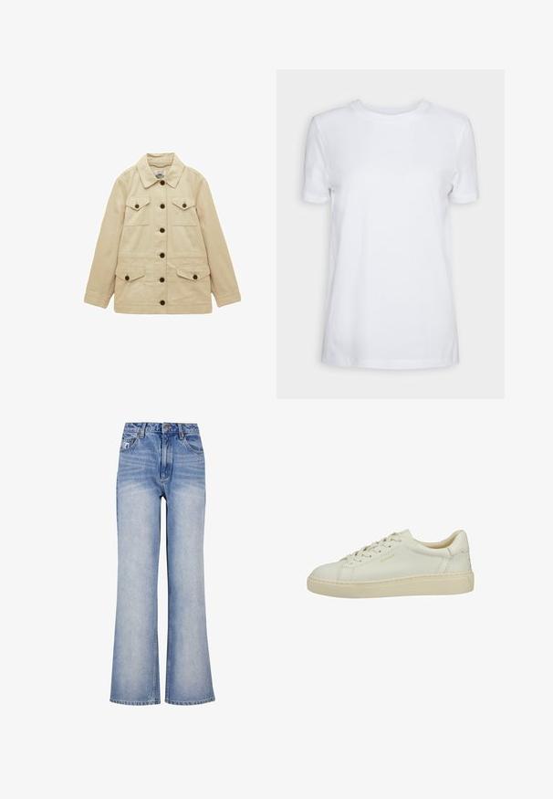 Beige jack met lange mouwen, zes bruine knopen, twee borstzakken met klep en knoop, en twee lagere zakken met klep en knoop.; Effen wit T-shirt met korte mouwen en ronde hals, normale pasvorm en een klein label aan de binnenkant van de hals met de tekst "SELECTED FEMME."; Lichtblauwe denim wijde jeans hebben een hoge taille, knoopsluiting, subtiele vervaging en een klassiek design met vijf zakken.; Lage sneaker van roomkleurig leer met veters aan de voorkant, een gestructureerde zool en subtiele "GANT"-branding op de zijkant en hiel.