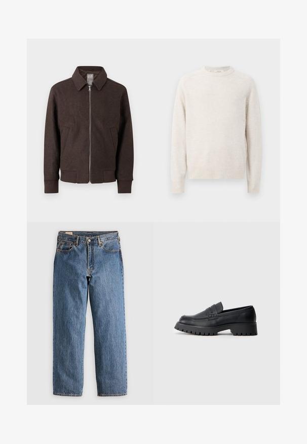 Braune Wolljacke mit Reißverschluss, Kragen, gerippten Bündchen und Saum sowie zwei Vorderseitentaschen, vor weißem Hintergrund dargestellt.; Cremefarbener Pullover mit rundem Ausschnitt, gerippten Bündchen und Saum. Weiche Textur mit einem einfachen, klaren Design und Raglanärmeln.; Blaue Jeans aus Denim mit geradem Schnitt, hohem Bund, kupfernen Nieten und orangefarbener Naht. Mit Vorder- und Hintertaschen.; Schwarze Leder-Loafer mit abgerundeter Schuhspitze, ausgestattet mit einem dekorativen Riemen und einer robusten Gummisohle mit tiefem Profil für besseren Halt.