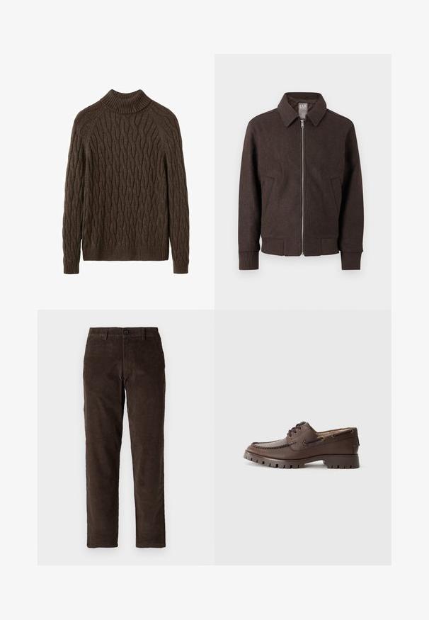 Veste zippée en laine marron avec col, poignets et ourlet côtelés, et deux poches avant, présentée sur un fond blanc.; Pull en tricot marron avec un col montant côtelé, présentant un motif torsadé et des manches longues. Texture douce avec une coupe décontractée et des ourlets unis.; Pantalons en velours côtelé marron avec une coupe droite, dotés d'une fermeture à bouton à l'avant et de passants de ceinture standards. Texture lisse et coupe classique.; Chaussure en cuir marron au design mocassin, avec un bout cousu, des œillets en métal et une semelle en caoutchouc épaisse avec un motif texturé.