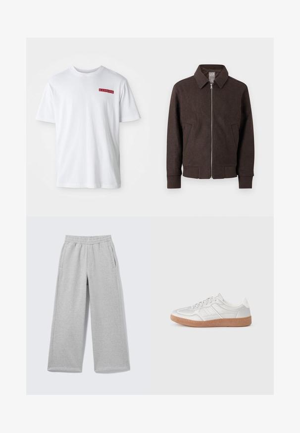 Braune Wolljacke mit Reißverschluss, Kragen, gerippten Bündchen und Saum sowie zwei Vorderseitentaschen, vor weißem Hintergrund dargestellt.; Weißes Baumwoll-T-Shirt mit Rundhalsausschnitt, kurzen Ärmeln und einem kleinen roten grafischen Detail im linken Brustbereich.; Hellgraue Sweatpants mit weitem Bein, elastischem Bund und Seitentaschen, auf einem einfarbigen Hintergrund gezeigt.; Silberne Sneakers mit glatter Textur, Schnürdesign, durchbrochenen Akzenten und einer strukturierten braunen Gummisohle.