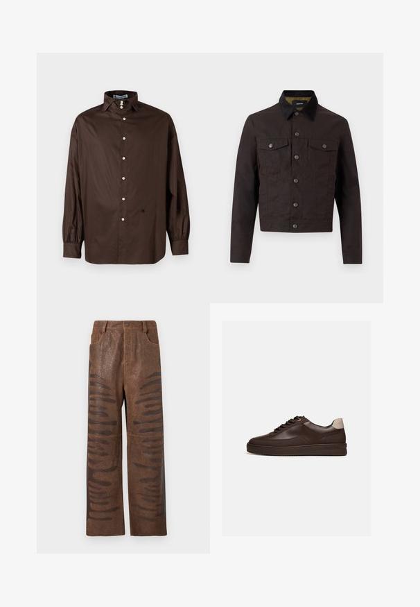 Veste boutonnée marron foncé avec col noir, deux poches à rabat sur la poitrine et manches longues, présentée sur un fond clair uni.; Chemise longue à manches marron en tissu lisse avec un col classique, fermeture à boutons sur le devant et poignets élastiqués ; présente un détail logo subtil.; Pantalons en simili cuir marron avec une finition texturée, dotés de découpes horizontales allongées le long des côtés et d'un design à jambes droites.; Baskets en cuir marron foncé à profil bas avec une semelle rainurée et une languette beige clair au talon, vues de côté sur fond blanc.