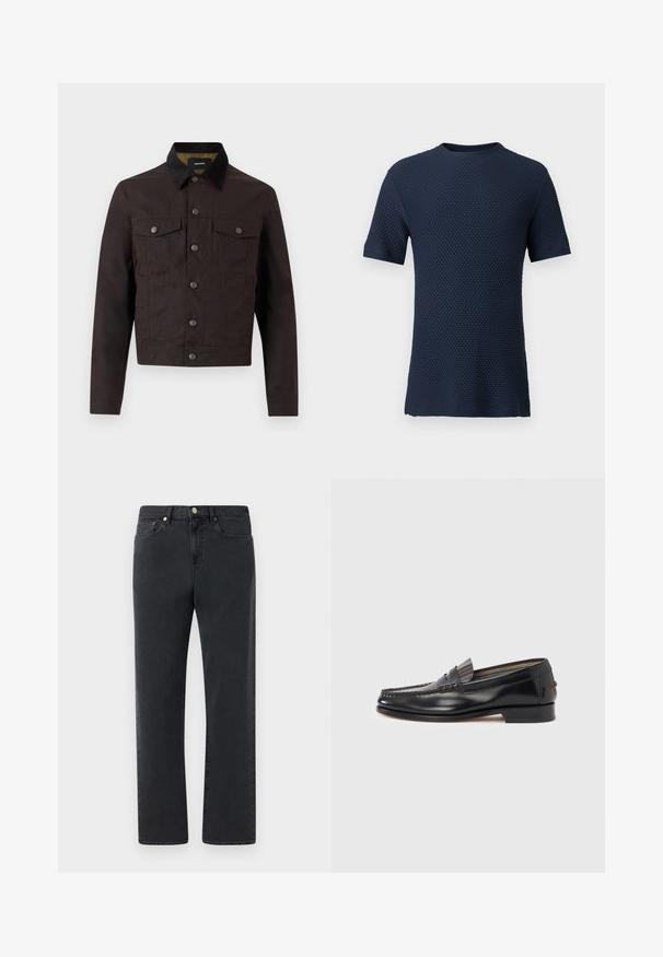 Veste boutonnée marron foncé avec col noir, deux poches à rabat sur la poitrine et manches longues, présentée sur un fond clair uni.; T-shirt en maille texturée bleu marine pour homme, à manches courtes et col rond, présenté sur un fond uni.; Jeans en denim noir avec une coupe droite, cinq poches et des accents en métal. Le tissu présente une finition lisse et légèrement texturée.; Mocassins en cuir noir avec un design de style mocassin, présentant une bande décorative et un détail de couture sur le dessus. Talon bloc bas.