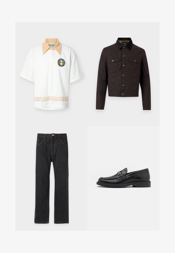 Veste boutonnée marron foncé avec col noir, deux poches à rabat sur la poitrine et manches longues, présentée sur un fond clair uni.; Polo blanc à manches courtes avec col pointu beige, bordure rayée beige à l'ourlet, et écusson circulaire "HEATHE Football Federation 1978" sur la poitrine.; Jean noir droit avec des coutures orange contrastantes, bouton avant et poches sur un fond clair uni.; Mocassins en cuir noir avec un embout rond, présentant des accents en métal doré et des détails de couture, montés sur une semelle en caoutchouc texturé et basse.