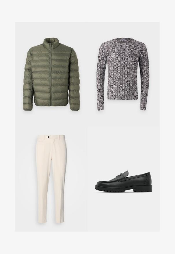 Olivgrüne, gestepptes Pufferjacke mit langen Ärmeln, hohem Kragen und Reißverschluss vorne.; Strickpullover mit langen Ärmeln, der ein strukturiertes Schwarz-Weiß-Muster aufweist. Runder Ausschnitt und enganliegende Bündchen. Das Material wirkt weich und leicht.; Beige maßgeschneiderte Hosen mit flacher Vorderseite, Ein-Knopf-Verschluss und zwei schrägen Seitentaschen. Glattes Material mit schmaler Passform und spitz zulaufendem Bein.; Schwarze Lederloafer mit runder Zehenform, ausgestattet mit einem gesteppten Design, niedrigem Plattformsohle und einer strukturierten, genoppten Gummisohle.
