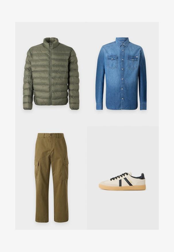 Oliven grøn, quilted pufferjakke med lange ærmer, høj krave og frontlynlås.; Denimskjorte i mellemblå, med lange ærmer, knaplukning foran, to brystlommer og klassisk pointkrave.; Oliven grønne cargo bukser lavet af bomuld, med lige ben, front knaplukning og to sidelommer med klaplukninger.; Casual sneakers i creme med sorte striber, med en tekstureret overdel og sål i gummigummi. Snørebåndene er sorte. Diskret logo på siden.