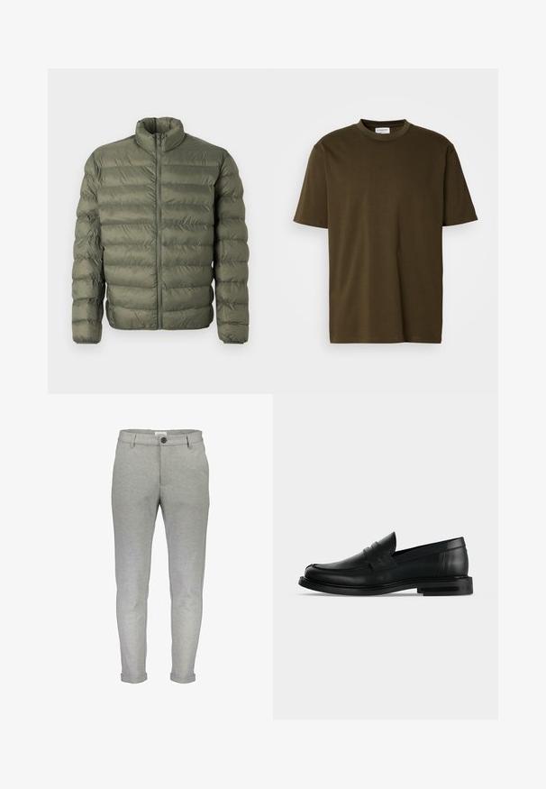 Oliven grøn, quilted pufferjakke med lange ærmer, høj krave og frontlynlås.; Simpel olivengrøn T-shirt med korte ærmer og rund halsudskæring, med et synligt hvidt mærke ved halsen, præsenteret på en hvid baggrund.; Lysegrå sweatpants med slim fit, elastisk talje, frontknaplukning og opslåede manchetter. Lavet af et blødt, tekstureret stof.; Sort læder herre penny loafer med lav stablet hæl og rundet tå vist fra siden på lys grå baggrund.