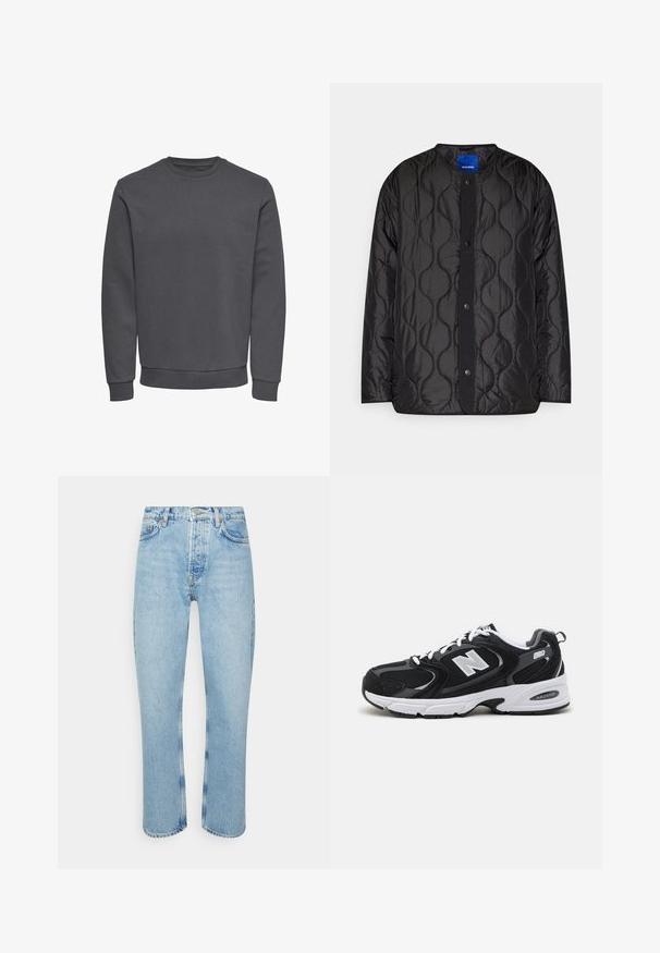 Zwarte gewatteerde jas met een ronde kraag, drukknopen aan de voorkant en een getextureerd golfpatroon op de stof.; Grijze sweatshirt van zachte stof met een ronde hals, lange mouwen en geribbelde boorden en zoom voor een snug fit. Geen patronen of logo's.; Lichtblauwe denim jeans met een rechte snit, hoge taille, vijf-pocket ontwerp en zichtbare stikseldetails op de naden en zomen.; Zwarte en grijze sport schoenen met een bovenwerk van mesh en suede, voorzien van een witte tussenzool, veters en een gedurfde "N"-logo aan de zijkant.