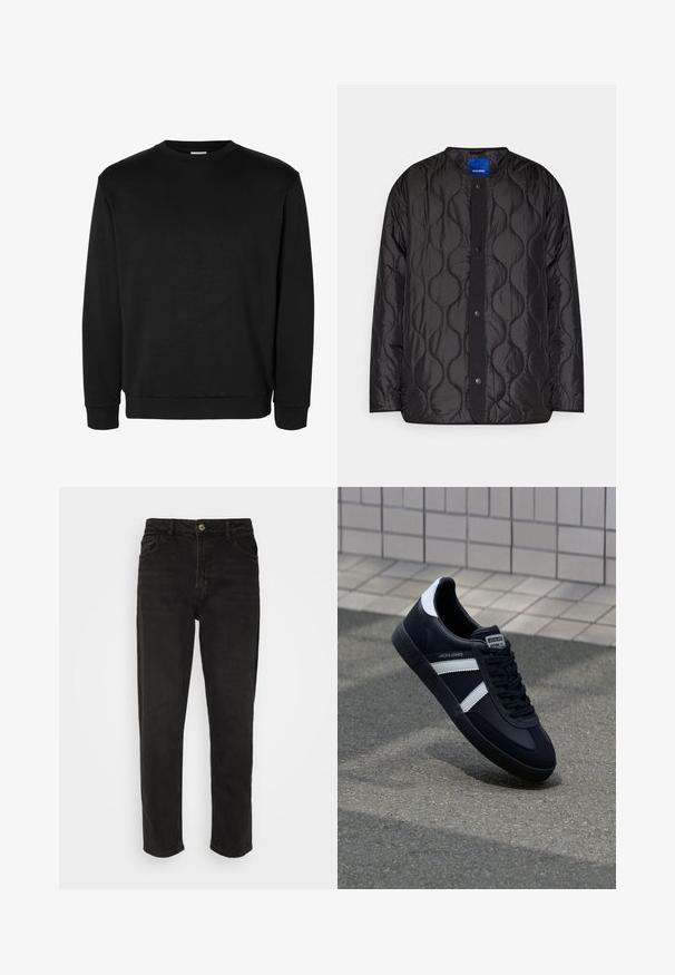 Schwarze gesteppte Jacke mit rundem Kragen, Druckknopf-Frontverschluss und strukturiertem Wellenmuster auf dem Stoff.; Schwarzer Langarm-Rundhalspullover mit gerippten Bündchen und Saum, schlichtes Design ohne sichtbare Logos oder Muster.; Schwarze Jeans aus Denim mit geradem Bein, hoher Taille, Knopfverschluss und vier Taschen. Enthält ein klassisches Fünf-Taschen-Design.; Schwarze Leder-Sneaker mit weißen Streifen, strukturiertem Gummisohle und Schnürung. Verfügt über ein Markenetikett auf der Zunge.