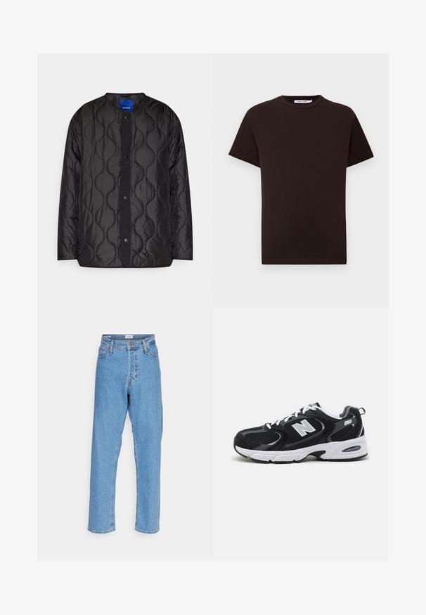 Sort quiltet jakke med rund krave, trykknaplukning foran og struktureret bølgemønster på stoffet.; Sort bomulds t-shirt med rund halsudskæring, korte ærmer og lige kant. Glat tekstur, afslappet design og uden synlige logoer eller mønstre.; Lyseblå højtaljede lige ben jeans med knap foran, lynlåslukning, bæltestropper og fem-lomme design på hvid baggrund.; Sorte og grå sportssko med mesh og ruskind på overdelen, der har en hvid mellemsål, snørebånd og et iøjnefaldende "N" logo på siden.