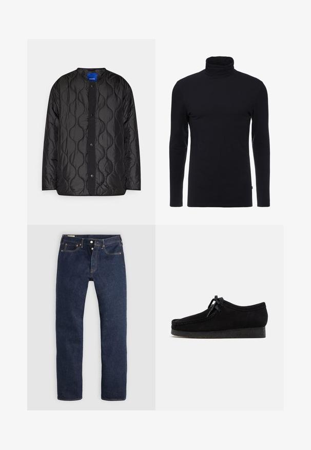 Zwarte gewatteerde jas met een ronde kraag, drukknopen aan de voorkant en een getextureerd golfpatroon op de stof.; Zwarte lange mouw turtleneck shirt gemaakt van zachte, rekbare stof. Heeft een aansluitend ontwerp en een gladde textuur. Geen zichtbare patronen of accenten.; Donkerblauwe recht gesneden spijkerbroek met knoopsluiting, voor- en achterzakken en contrasterende stiksels, plat gelegd op een lichte achtergrond.; Zwarte suède schoenen met een rond teenontwerp, een vetersluiting aan de voorkant en een gestructureerde zwarte rubberen zool. Gladde bovenkant met subtiele stikseldetails.