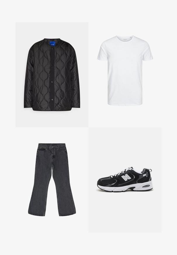 Sort quiltet jakke med rund krave, trykknaplukning foran og struktureret bølgemønster på stoffet.; Rundhals kortærmet t-shirt i ensfarvet hvid, lavet af blød bomuld, har et simpelt design uden synlige mønstre eller detaljer.; Mørkegrå flare jeans lavet af denim, med et klassisk fem-lomme design, synlig syning og metal hardware detaljer.; Sorte og grå sportssko med mesh og ruskind på overdelen, der har en hvid mellemsål, snørebånd og et iøjnefaldende "N" logo på siden.