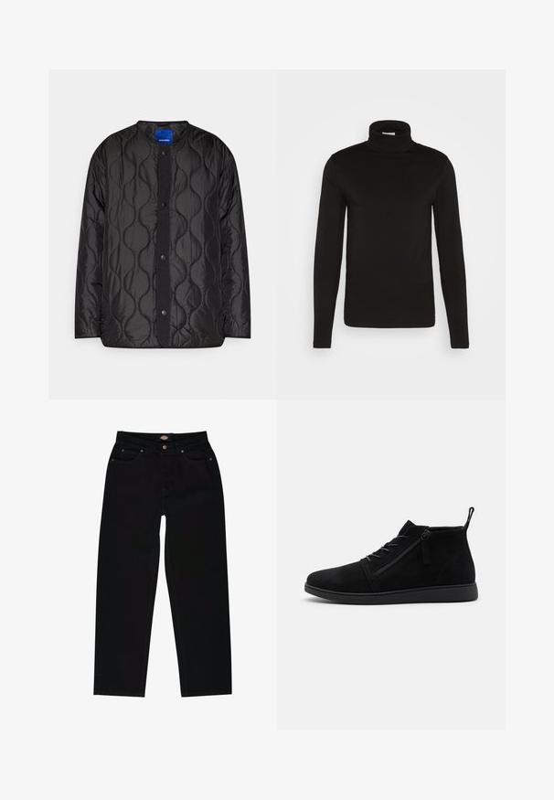 Sort quiltet jakke med rund krave, trykknaplukning foran og struktureret bølgemønster på stoffet.; Sort turtleneck langærmet skjorte lavet af et glat stof med en tætsiddende design og en høj, tætsiddende krave. Ingen mønstre eller accenter synlige.; Sorte denim jeans med lige pasform, der har fem lommer, brun syning og lynlåslukning. Glat tekstur og holdbart materiale.; Sorte ruskind ankelstøvler har en rund tå, snørebånd foran og en lynlås i siden. Sålen er flad med en tekstureret overflade for bedre greb.