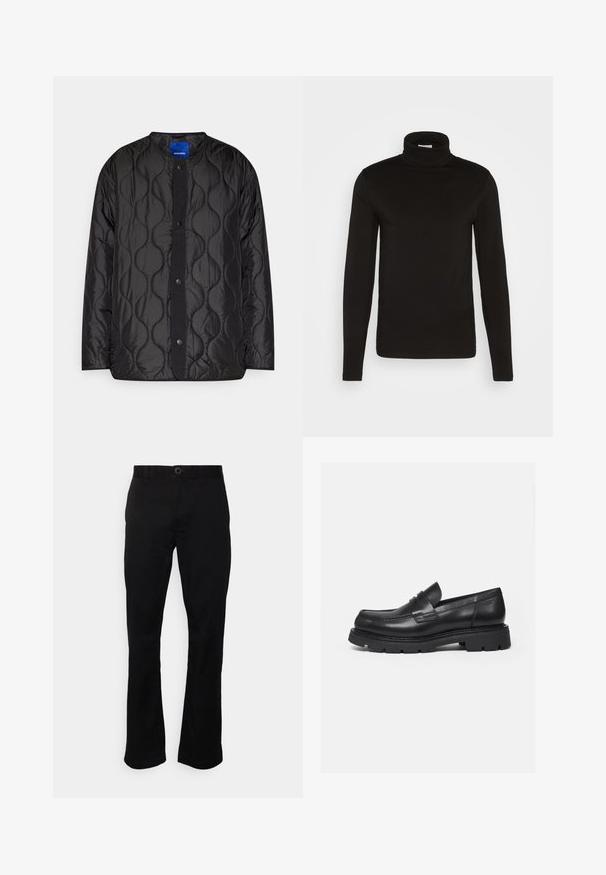 Schwarze gesteppte Jacke mit rundem Kragen, Druckknopf-Frontverschluss und strukturiertem Wellenmuster auf dem Stoff.; Schwarz, langärmliges Turtleneck-Shirt aus einem glatten Stoff mit figurnaher Passform und hohem, enganliegendem Kragen. Keine sichtbaren Muster oder Akzente.; Schwarze, gerade geschnittene Hose aus einem glatten Stoff. Mit Knopfverschluss, Gürtelschlaufen und Vordertaschen. Schlichtes Design ohne Muster.; Schwarzer Lederloafer mit dicker, profilierter Sohle und Pennyriemen-Detail, von der rechten Seitenansicht auf weißem Hintergrund gezeigt.