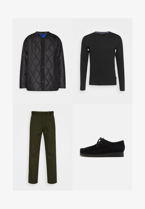 Schwarze gesteppte Jacke mit rundem Kragen, Druckknopf-Frontverschluss und strukturiertem Wellenmuster auf dem Stoff.; Lindbergh O-NECK - Langarmshirt - black; Dunkelgrüne Hosen mit geraden Beinen, aus einem glatten Stoff. Sie verfügen über einen flachen Bund, Gürtelschlaufen und sind ohne sichtbare Muster oder Beschläge.; Schwarze Wildlederschuhe mit rundem Zehendesign, einer Schnürfront und einer strukturierten schwarzen Gummisohle. Glattes Obermaterial mit dezenten Nahtdetails.