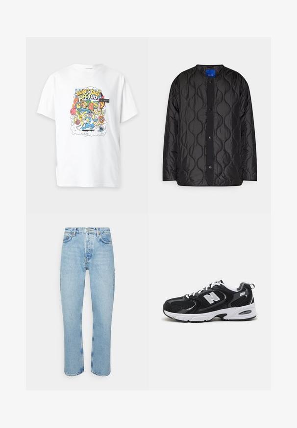 Veste matelassée noire avec un col rond, fermeture à boutons-pression à l'avant et motif ondulé texturé sur le tissu.; T-shirt blanc avec un design cartoon coloré montrant Bugs Bunny et le texte « Don’t take life too seriously » entouré d’objets ludiques.; Jean en denim bleu clair avec une coupe droite, taille haute, design à cinq poches et détails de couture visibles sur les coutures et les ourlets.; Baskets de sport noires et grises avec un tige en mesh et en suède, présentant une semelle intermédiaire blanche, des lacets et un logo "N" audacieux sur le côté.