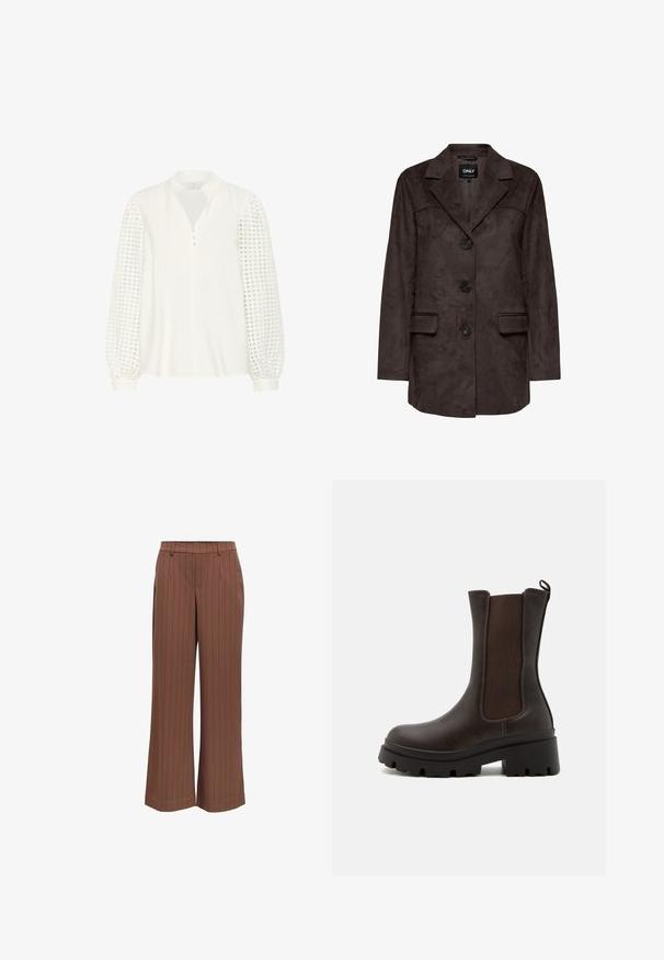 Blazer en suédine marron avec col cranté, trois boutons sur le devant et deux poches latérales. Texture lisse et coupe ajustée.; Kaffe KATULLE - Blouse - chalk; Un pantalon large marron présente des rayures verticales violettes, un devant plat avec des plis et une taille avec des passants de ceinture. Texture de tissu lisse.; Bottines en cuir marron avec des panneaux latéraux élastiques, semelles en caoutchouc épaisses et une languette à l'arrière. Fini texturé. Design robuste.